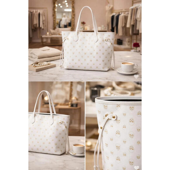 Skull Print White Tote Bag Gold Tone Hardware Cinch Sides